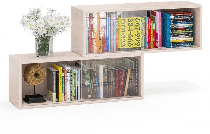 Две полки книжных С-МД-КН01, цвет ясень шимо светлый, размер каждой полки в отдельности: ШхГхВ 83х25х30 см., стеклянные дверцы