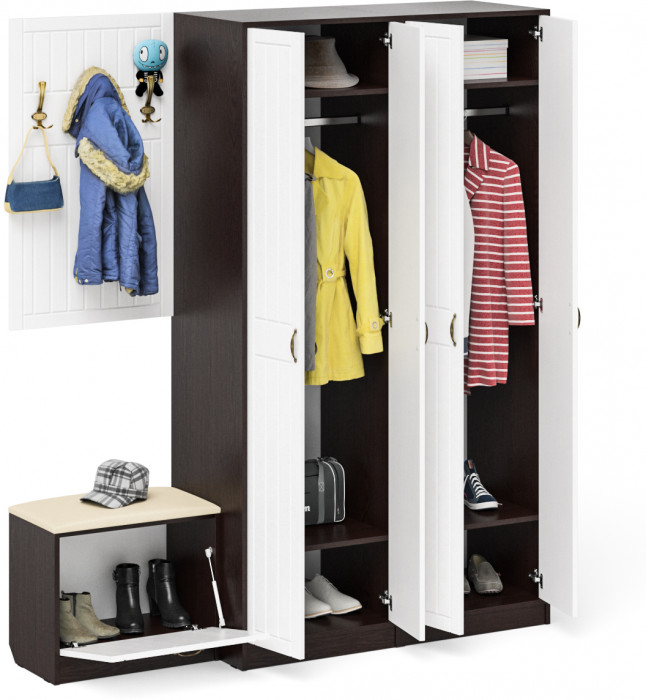 Прихожая П-6 Компоновка № 09, цвет венге/фасады МДФ белое дерево фрезеровка прованс, ШхГхВ 180х50х210 см., универсальная сборка