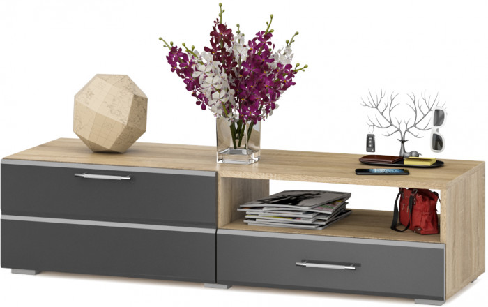 Тумба под ТВ Ларго 1,4, цвет корпус дуб сонома/фасады МДФ графитово-серый глянец, ШхГхВ 140х46х35 см., НЕ универсальная сборка