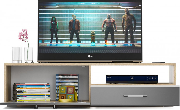 Тумба под ТВ Ларго 1,4, цвет корпус дуб сонома/фасады МДФ графитово-серый глянец, ШхГхВ 140х46х35 см., НЕ универсальная сборка