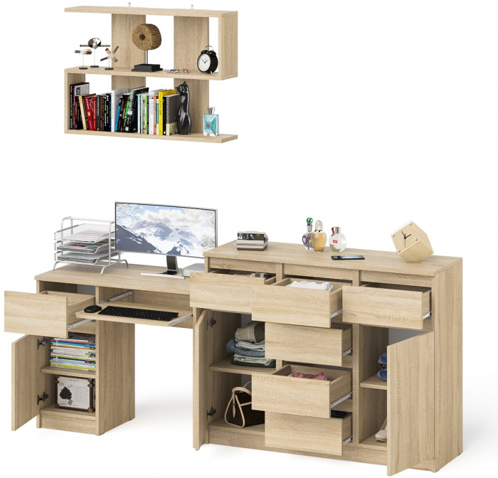 Мори Стол компьютерный МС-1 левый + Комод МК1200.4 + Полка 900, цвет дуб сонома, ШхГхВ 210,4х50х209,6 см., НЕ универсальная сборка