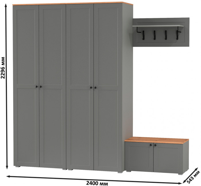 Остин Прихожая 31, цвет серый графит/дуб крафт золотой, ШхГхВ 240х54,3х229,6 см., универсальная сборка