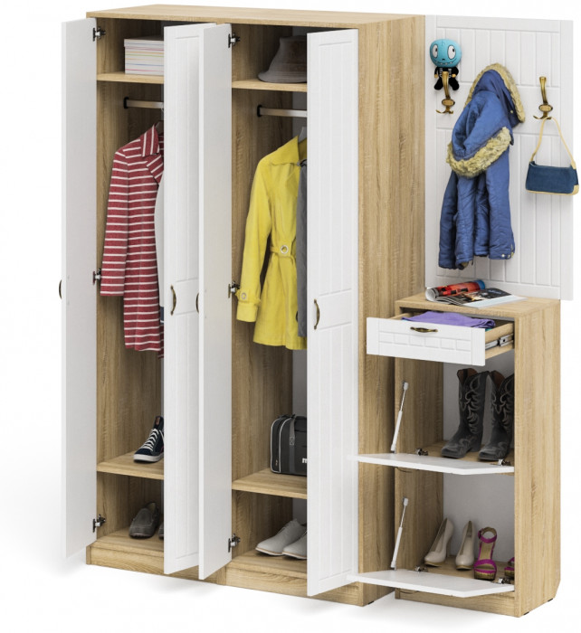 Прихожая П-6 Компоновка № 15, цвет дуб сонома/фасады МДФ белое дерево фрезеровка прованс, ШхГхВ 180х50х210 см., универсальная сборка