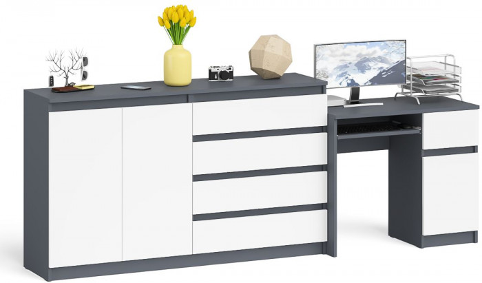 Мори компьютерный стол МС-1 правый + Комод МК1600.1, графит/белый