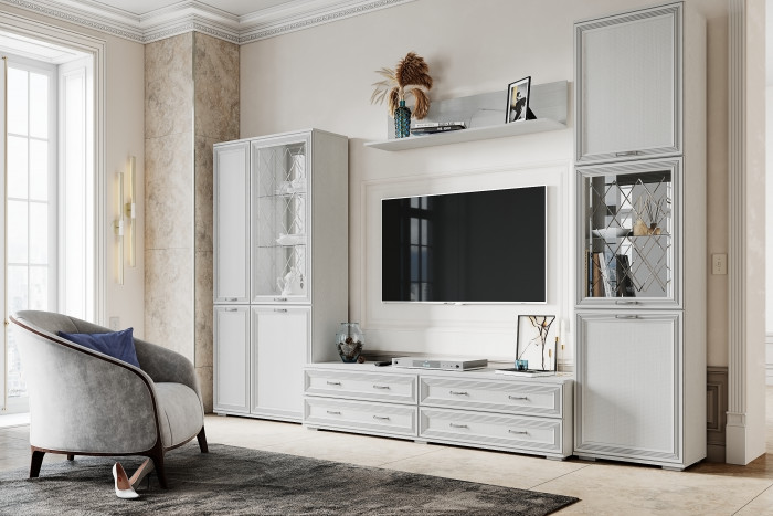 Модульная гостиная Ливорно, набор 1, Ясень анкор светлый/Патина серебро