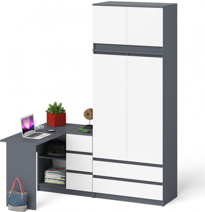 Мори Стол компьютерный МС-16 правый + Шкаф МШ900.1 + Антресоль МА900.1, цвет графит/белый, ШхГхВ 214,8х84,9х234,2 см., выдвиж. ящ. справа, НЕ ун. сб.