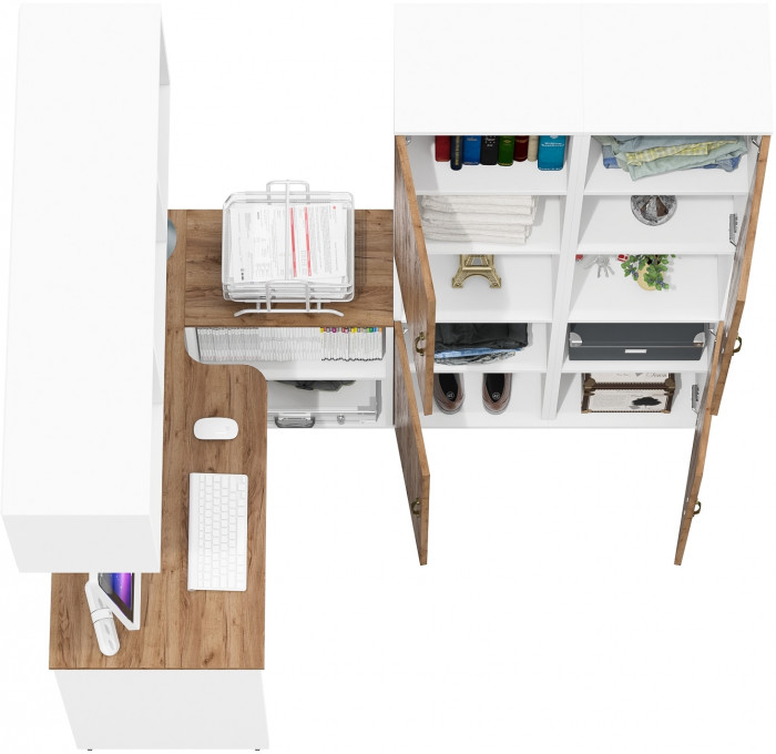 Лидер-8 Стол + Полка + Пенал + Пенал, цвет белый шагрень/крафт золото, ШхГхВ 245х50/30х75/190 или 160х115/30х75/190 см., НЕ универсальная сборка