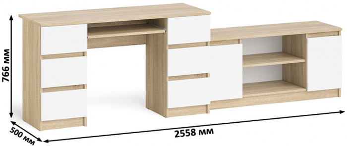 Мори Стол компьютерный МС-2 + Тумба МТВ1200.1, цвет дуб сонома/белый, ШхГхВ 255,8х50х76,6 см., универсальная сборка