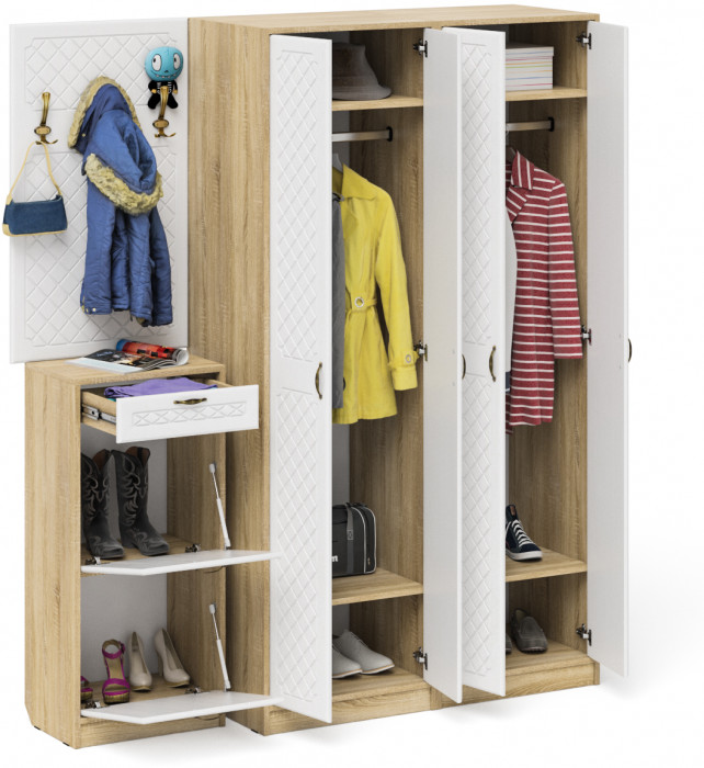 Прихожая П-6 Компоновка № 15, цвет дуб сонома/фасады МДФ белое дерево фрезеровка ромб, ШхГхВ 180х50х210 см., универсальная сборка