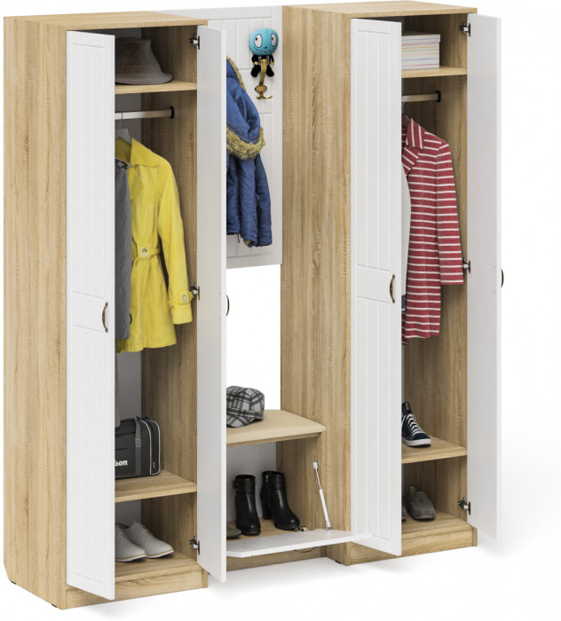 Прихожая П-6 Компоновка № 09, цвет дуб сонома/фасады МДФ белое дерево фрезеровка прованс, ШхГхВ 180х50х210 см., универсальная сборка