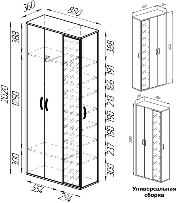 Прихожая Домино 6, цвет дуб крафт табачный/графит, ШхГхВ 248х36х202 см., универсальная сборка