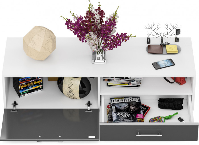 Тумба под ТВ Ларго 1, корпус белый/фасады МДФ графитово-серый глянец