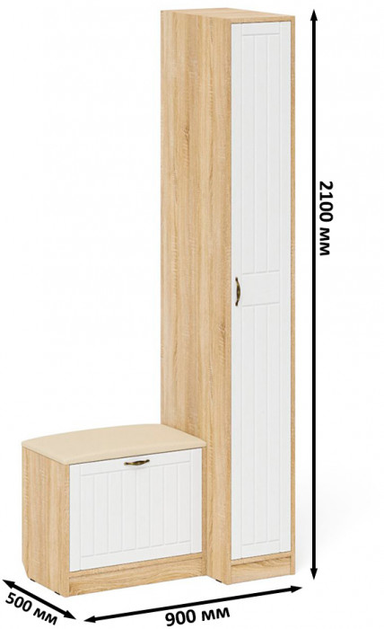 Прихожая П-6 Компоновка № 39, цвет дуб сонома/фасады МДФ белое дерево фрезеровка прованс, ШхГхВ 90х50х210 см., универсальная сборка