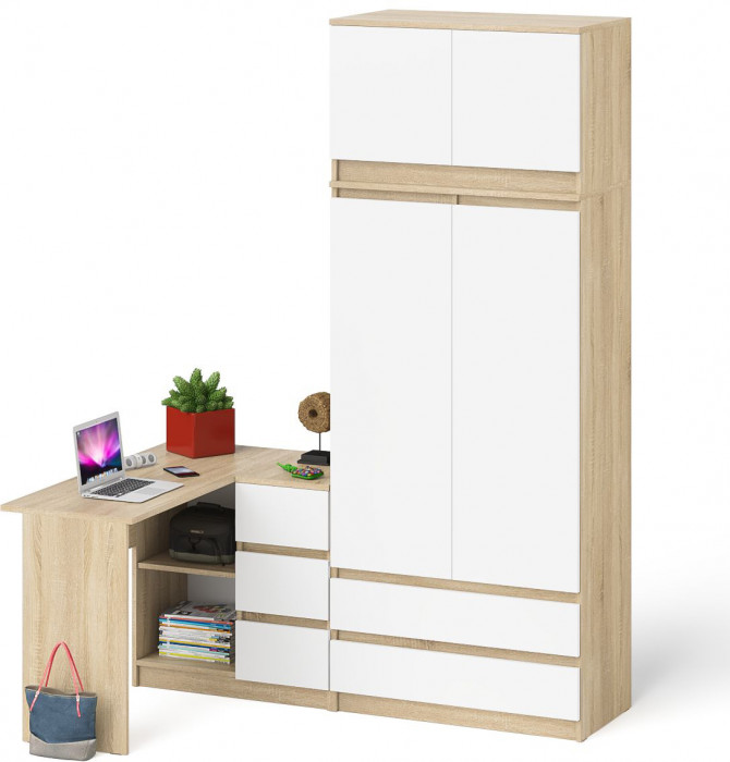 Мори Стол компьютерный МС-16 правый + Шкаф МШ900.1 + Антресоль МА900.1, цвет дуб сонома/белый, ШхГхВ 214,8х84,9х234,2 см., выд. ящ. справа, НЕ ун. сб.