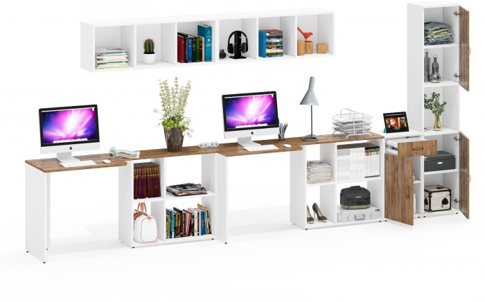 Лидер-8 Стол + Полка + Стол + Полка + Пенал + Тумба МД 3.15, цвет белый шагрень/крафт золото, 410х50/30х75/190 или 230х50/160х75/190 см., НЕ ун. сб.