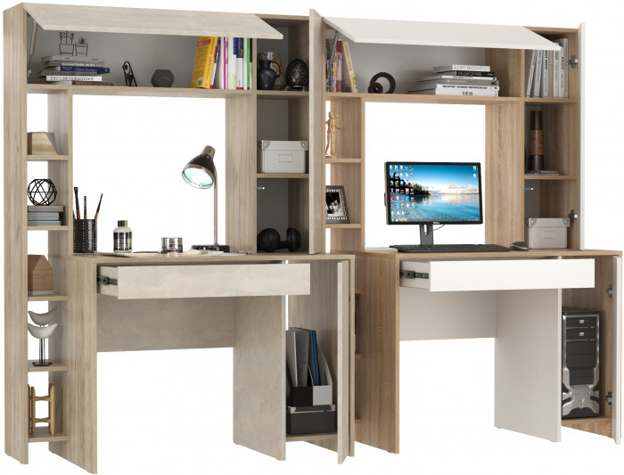 КР100 Два стола компьютерных Комфорт 12.71, цвет дуб крафт серый/шёлковый камень/дуб сонома/белый, ШхГхВ 233,4х60,2х165,4 см., НЕ универсальная сборка