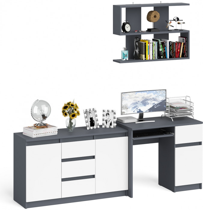 Мори Стол компьютерный МС-1 правый + Комод МК1200.3 + Полка 900, цвет графит/белый, ШхГхВ 210,4х50х209,6 см., НЕ универсальная сборка