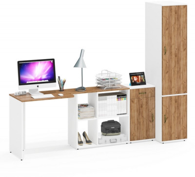 Лидер-8 Стол + Тумба МД 3.15 + Пенал МД 23Б, цвет белый шагрень/крафт золото, ШхГхВ 245х50/37,5х75/190 или 115х160/50х75/190 см., НЕ ун. сборка