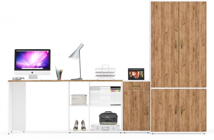 Лидер-8 Стол + Тумба МД 3.15 + Шкаф МД 19Б, цвет белый шагрень/крафт золото, ШхГхВ 285х50/50х75/190 или 115х200/50х75/190 см., НЕ ун. сборка