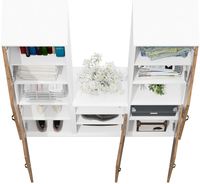 Лидер-8 Пенал + Пенал + Тумба МД 3.19, цвет белый шагрень/крафт золото, ШхГхВ 120х30х190 см., универсальная сборка