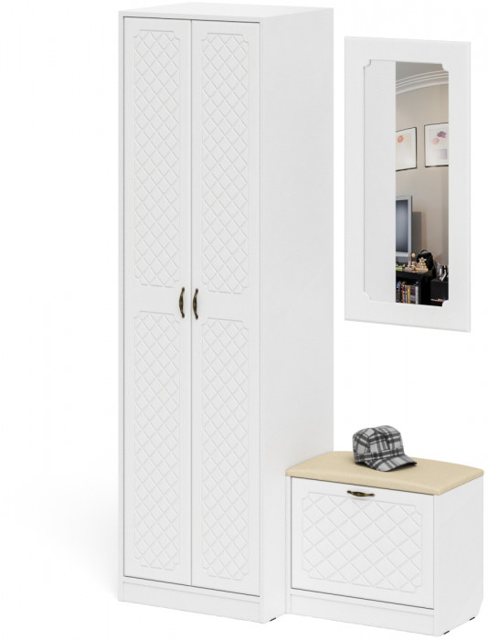 Прихожая П-6 Компоновка № 11, цвет белая шагрень/фасады МДФ белое дерево фрезеровка ромб, ШхГхВ 120х50х210 см., универсальная сборка
