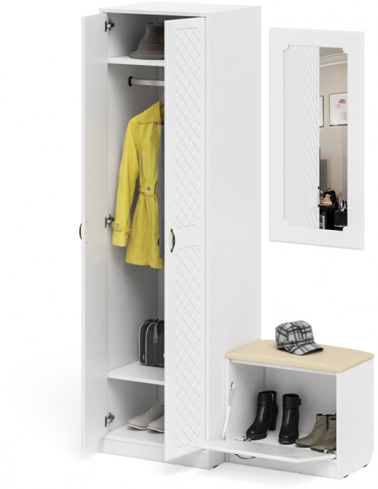 Прихожая П-6 Компоновка № 11, цвет белая шагрень/фасады МДФ белое дерево фрезеровка ромб, ШхГхВ 120х50х210 см., универсальная сборка