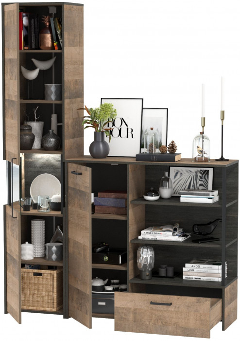 Трувор 13.205 Шкаф-пенал с витриной + 13.307.01 Комод, цвет дуб гранж песочный/интра, ШхГхВ 153,8х37х210 см., универсальная сборка