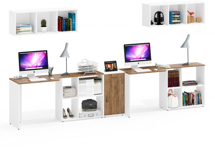 Лидер-8 Стол + Полка + Стол + Полка + Тумба МД 3.15, цвет белый шагрень/крафт золото, ШхГхВ 370х50/30х75 или 230х50/120х75 см., НЕ универс. сборка