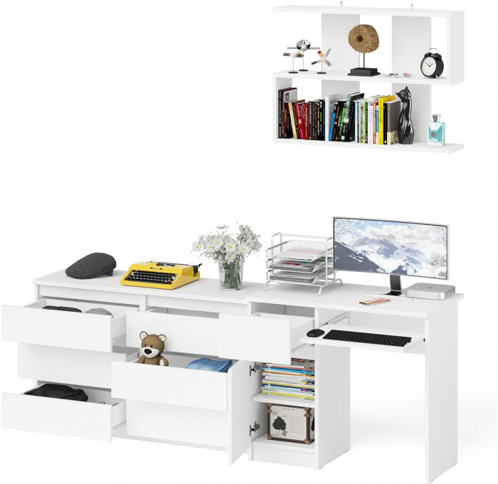 Мори Стол компьютерный МС-1 левый + Комод МК1200.6 + Полка 900, цвет белый, ШхГхВ 210,4х50х209,6 см., НЕ универсальная сборка