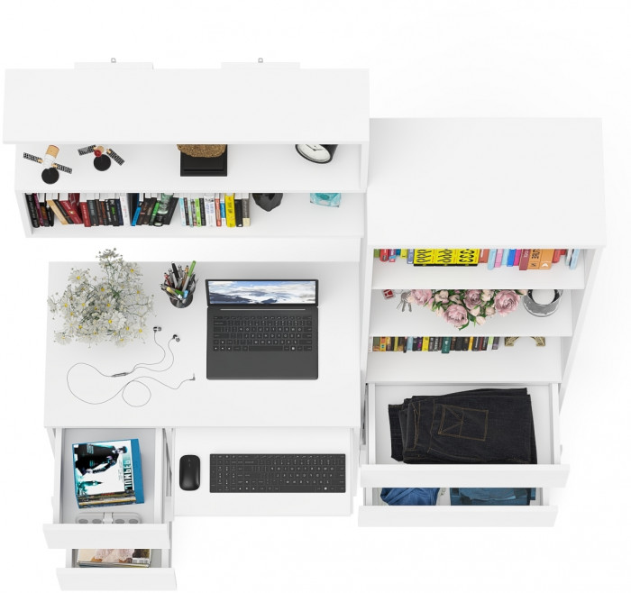 Мори Стол компьютерный МС-6 левый + Стеллаж МСТ600.3 + Полка 900, цвет белый, ШхГхВ 150,4х50х209,6 см., НЕ универсальная сборка