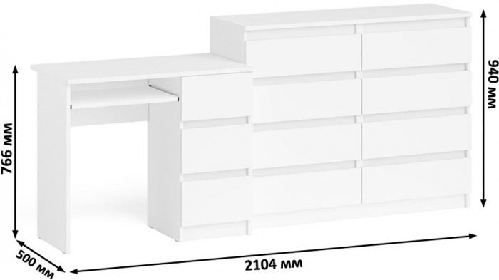 Мори Стол компьютерный МС-6 правый + Комод МК1200.8, цвет белый, ШхГхВ 210,4х50х94 см., выдвижные ящики справа, НЕ универсальная сборка