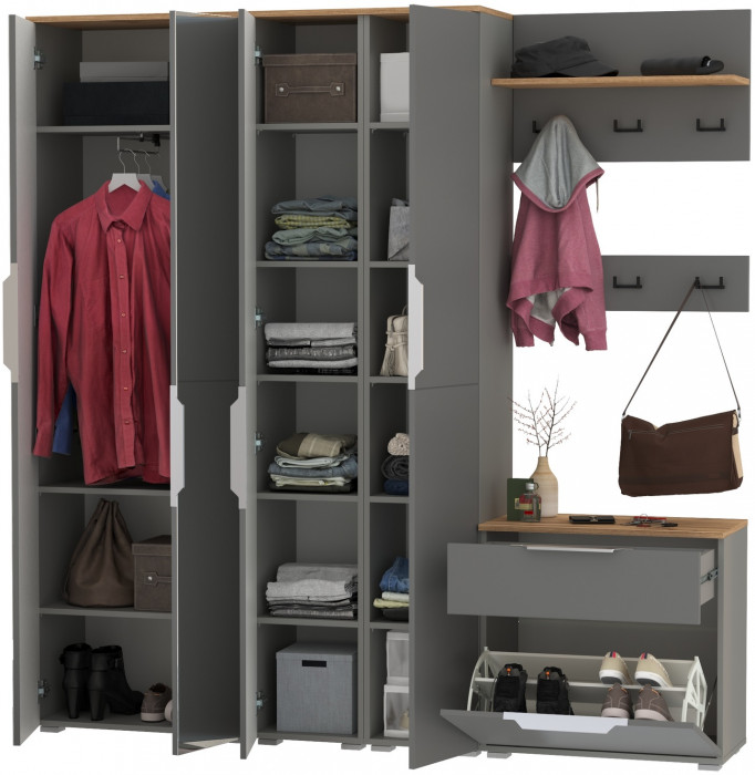 Октава Прихожая 31, цвет серый графит/дуб крафт золотой/фасады МДФ серый графит, ШхГхВ 193,7х35,4х197,6 см., универсальная сборка