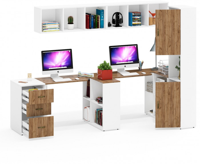 Лидер-8 Стол + Полка + Стол + Полка + Пенал + Тумба МД 3.16, цвет белый шагрень/крафт золото, 410х50/30х75/190 или 270х120/50х75/190 см., НЕ ун. сб.