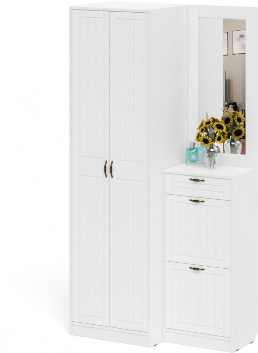 Прихожая П-6 Компоновка № 17, цвет белая шагрень/фасады МДФ белое дерево фрезеровка прованс, ШхГхВ 110х50х210 см., универсальная сборка