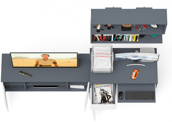 Мори Стол компьютерный МС-1 левый + Тумба МТВ1200.1 + Полка 900, цвет графит/белый, ШхГхВ 210,4х50х209,6 см., НЕ универсальная сборка
