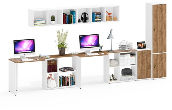 Лидер-8 Стол + Полка + Стол + Полка + Пенал МД 21Б + Тумба МД 3.15, цвет белый шагрень/крафт золото, 410х50х75/190 или 230х160/50х75/190, НЕ ун. сб.