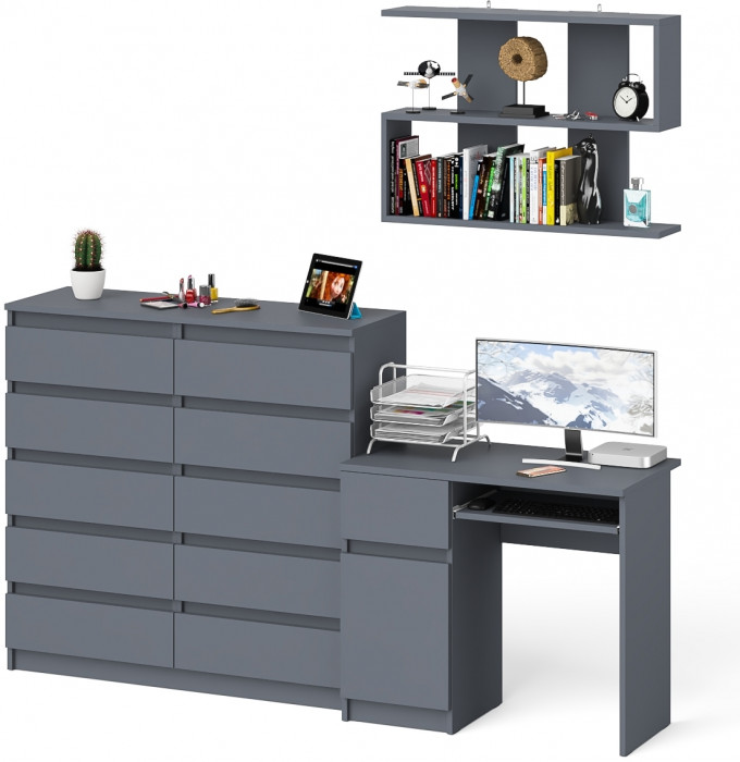 Мори Стол компьютерный МС-1 левый + Комод МК1200.10 + Полка 900, цвет графит, ШхГхВ 210,4х50х209,6 см., НЕ универсальная сборка