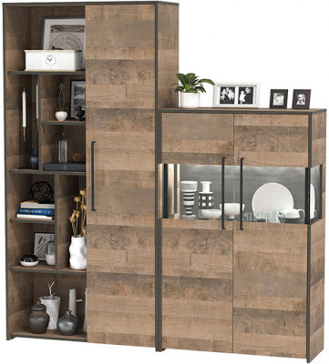 Трувор 13.206 Шкаф-стеллаж + 13.306 Комод с витриной, цвет дуб гранж песочный/интра, ШхГхВ 178,8х37х194,2 см., универсальная сборка