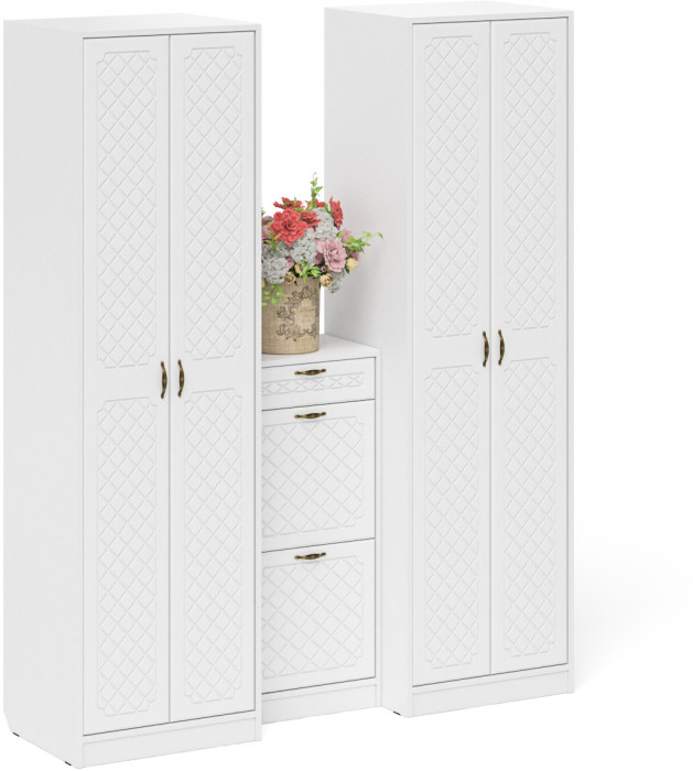 Прихожая П-6 Компоновка № 13, цвет белая шагрень/фасады МДФ белое дерево фрезеровка ромб, ШхГхВ 170х50х210 см., универсальная сборка