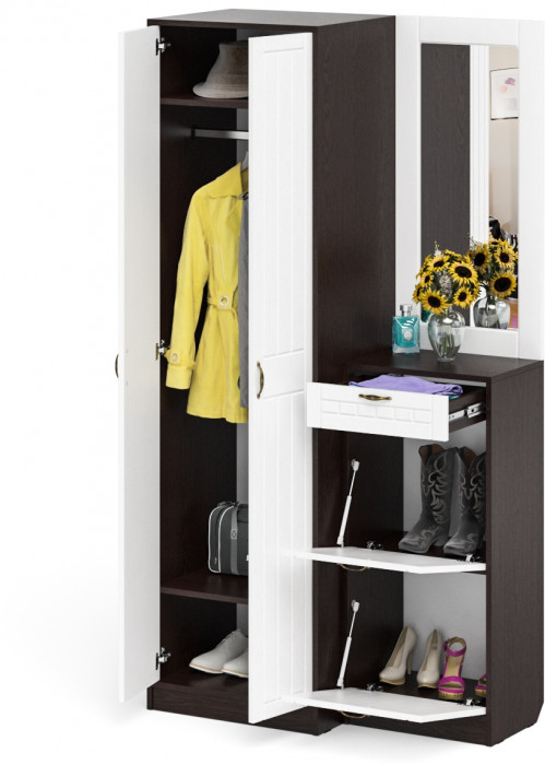 Прихожая П-6 Компоновка № 17, цвет венге/фасады МДФ белое дерево фрезеровка прованс, ШхГхВ 110х50х210 см., универсальная сборка