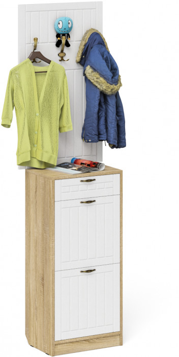 Прихожая П-6 Тумба для обуви 2 секции + Вешалка, цвет дуб сонома/фасады МДФ белое дерево фрезеровка прованс, ШхГхВ 50х35х210 см.