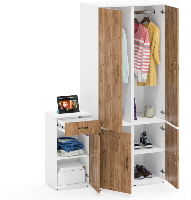 Лидер-8 Пенал МД 23Б + Пенал МД 23Б + Тумба МД 3.15, цвет белый шагрень/крафт золото, ШхГхВ 120х50х190 см., универсальная сборка