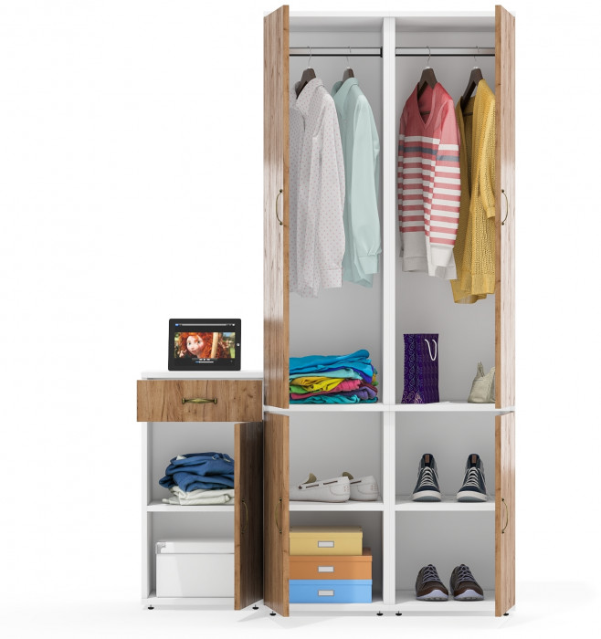 Лидер-8 Пенал МД 23Б + Пенал МД 23Б + Тумба МД 3.15, цвет белый шагрень/крафт золото, ШхГхВ 120х50х190 см., универсальная сборка