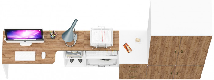 Лидер-8 Стол + Тумба МД 3.16 + Шкаф МД 19Б, цвет белый шагрень/крафт золото, ШхГхВ 285х50/50х75/190 или 115х200/50х75/190 см., НЕ ун. сборка