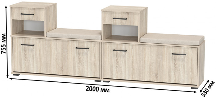 Лира ГК 2-0714+2-0714дубсон Тумба под обувь, цвет дуб сонома, ШхГхВ 200х33х75,5 см., универсальная сборка