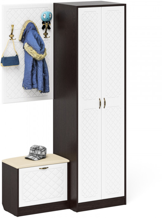 Прихожая П-6 Компоновка № 12, цвет венге/фасады МДФ белое дерево фрезеровка ромб, ШхГхВ 120х50х210 см., универсальная сборка