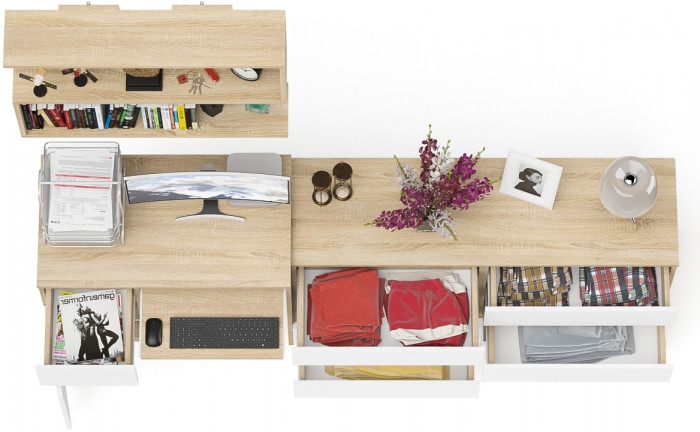 Мори компьютерный стол МС-1 левый + Комод МК1380.6 + Полка 900, дуб сонома/белый