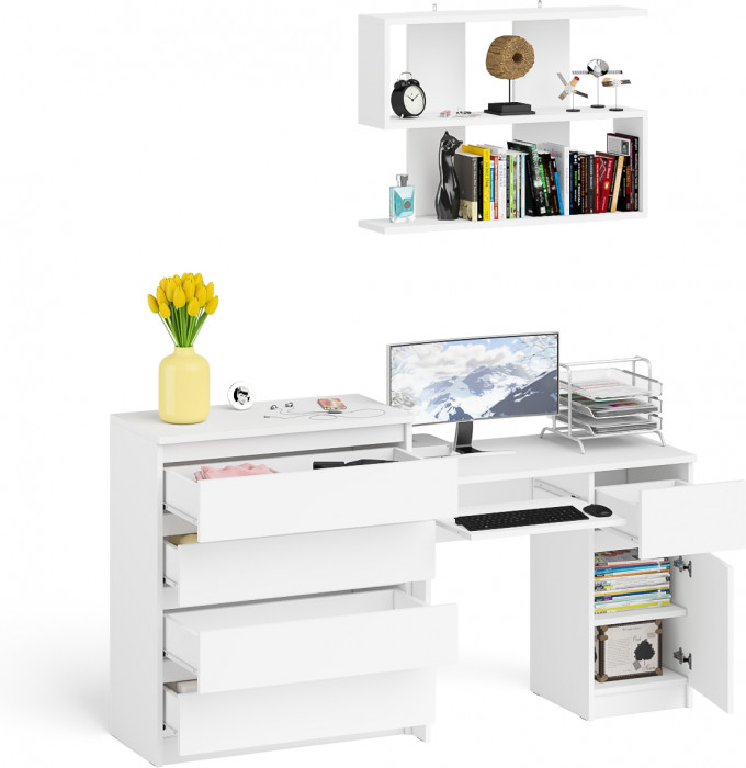 Мори компьютерный стол МС-1 правый + Комод МК800.4 + Полка 900, белый