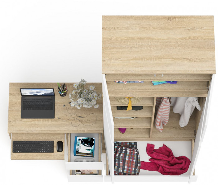 Мори Стол компьютерный МС-6 правый + Шкаф МШ900.1 + Антресоль МА900.1, цвет дуб сонома/белый, ШхГхВ 180,4х50,4х234,2 см., выд. ящ. справа, НЕ ун. сб.