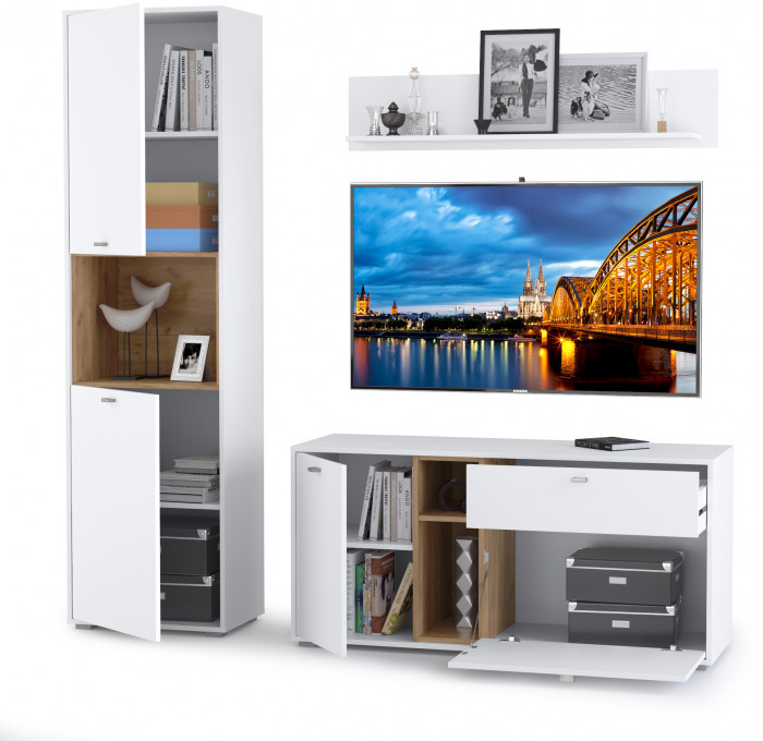 Бэль № 09, цвет дуб крафт золотой/белый премиум, ШхГхВ 210х43х200 см., ниша для ТВ 130х43х120 см., НЕ универсальная сборка